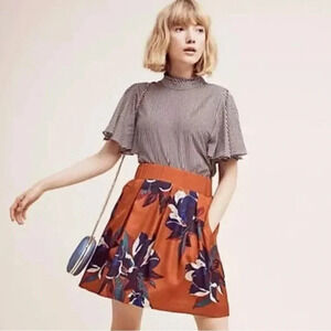 Anthropologie Maeve Maira rust orange blue floral skirt 10 circle